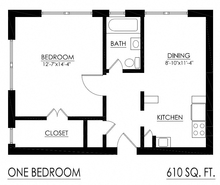 Floor plan for 1 bed, 1 bath, 591 sqft